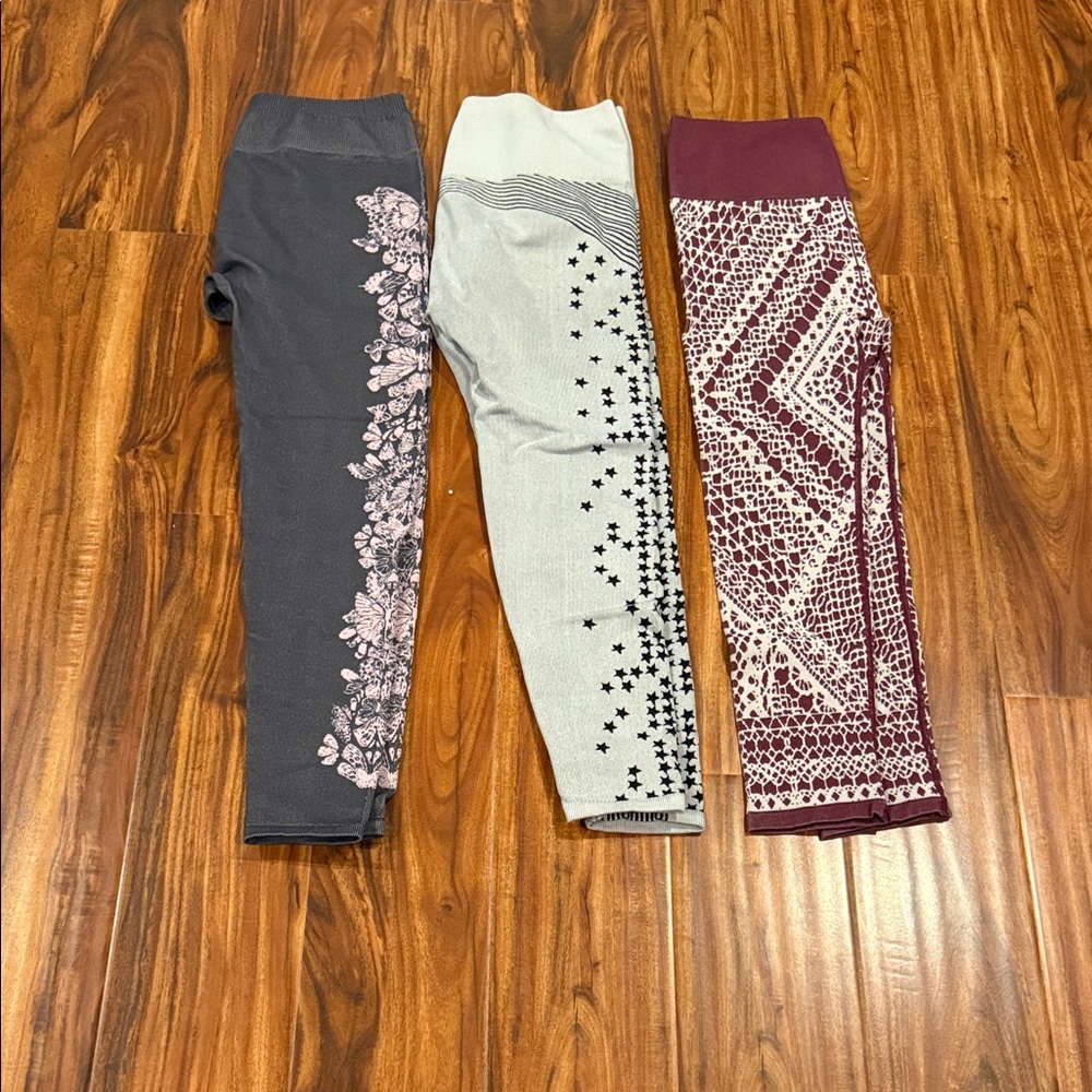 THREE Fabletics Women's Leggings - Floral Gray, Starry White, Geometric Burgundy
